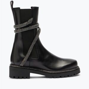 Rene Caovilla Black Leather Combat Boots with Silver Accents